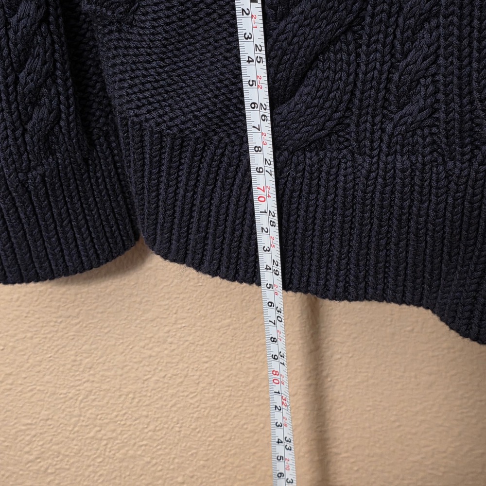 LL Bean Womens Navy Blue Cable Knit Cowl Neck Drawstring Cotton Sweater Large - Picture 6 of 7